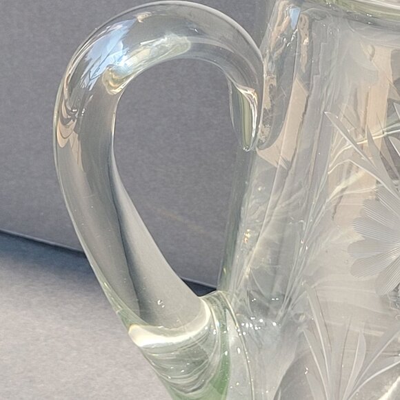 Vintage Clear Etched Glass Pitcher With Floral Design & Handle 9" - Picture 10 of 16